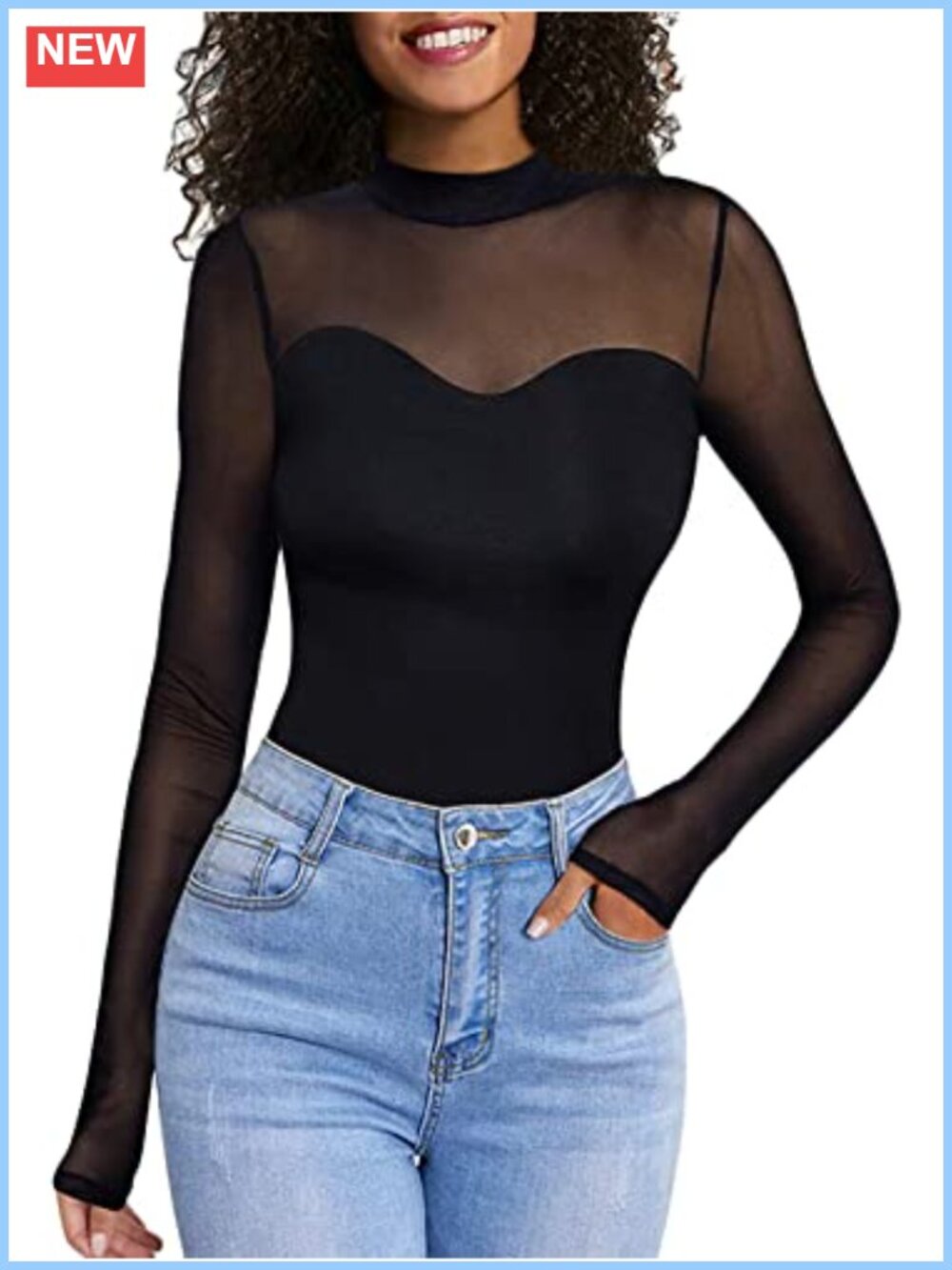 Sheer Mesh Long Sleeve Mock Neck Top